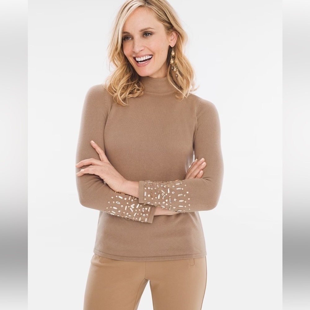 Chicos Bejeweled Long Sleeves Mock Neck Sweater
